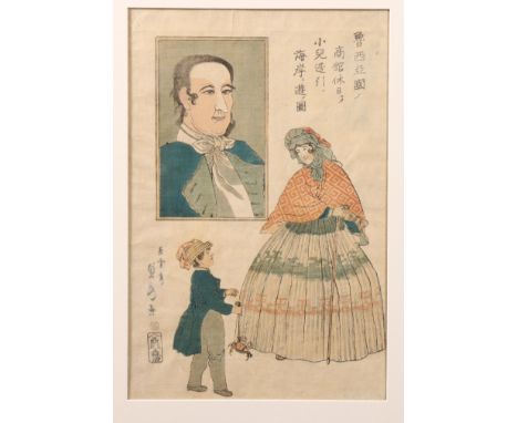 Japan, woodblock print by Sadahide (1807-1878) Russian chargé d'affaires on holiday, his wife and son with a crab, 1861 oban 