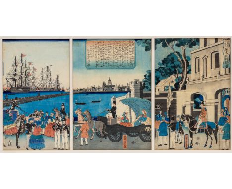 Japan, woodblock print by Yoshitora (ca. 1830-1880), View of London with St. Pauls cathedral, 1859 oban triptych Uit de nalat