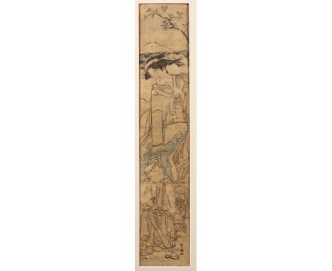 Japan, woodblock print by Utagawa Toyokuni (1769-1825) Woman with servant, Mount Fuji in the distance pillar print Uit de nal