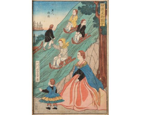 Japan, woodblock print by Utagawa Yoshikazu (act. 1850-1870), Foreign children playing, 1860 oban, litt.: A. Yonemura, Yokoho