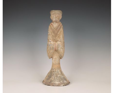 China, pottery model of a standing lady, probably Han dynasty (206 BC-220 AD), wearing long flowing robes with wide sleeves (