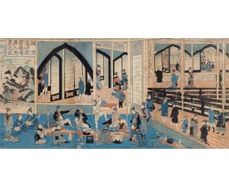Japan, woodblock print by Yoshikazu (19th century) Foreigners Enjoying Themselves in the Gankir? oban triptych, framed Uit de