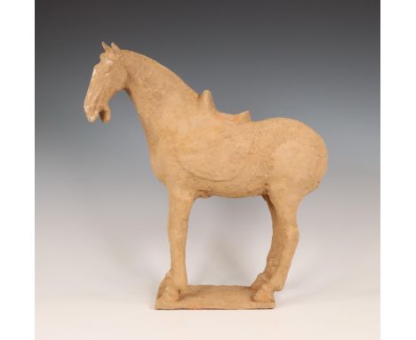China, pottery model of a horse, probably Tang dynasty (618-906), standing foursquare on a plinth (encrustation, damage and w