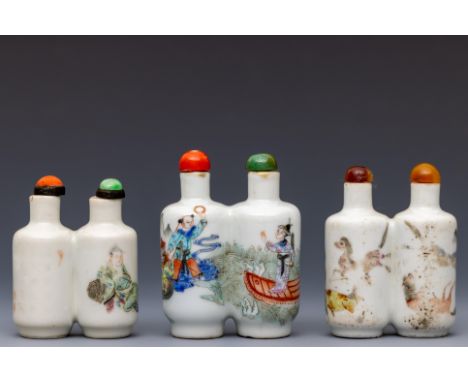 China, three famille rose porcelain 'double' snuff bottles and stoppers, late Qing dynasty (1644-1912), each of double cylind