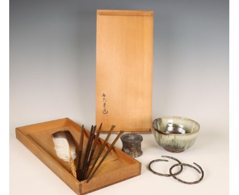 Japan, a Choson-Karatsu chawan, a ceramic futa-oki and various tea-ceremony utensils, the chawan with gold lacquer restoratio
