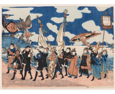 Japan, woodblock print, Nagasaki-e, Dutchmen travelling from the island of Decima to Edo (Tokyo), ca. 1850 chuban, good impre