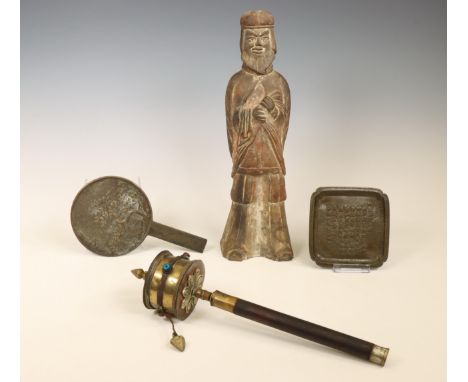 China and Tibet, small collection of objects, 19th century and later, comprising a Tibetan prayer wheel, a bronze mirror, a t