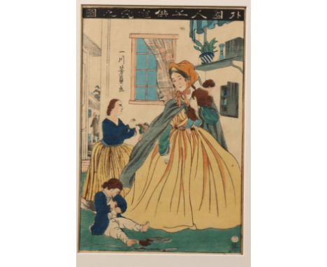 Japan, woodblock print by Utagawa Yoshikazu (act. 1850-1870), Foreigner embracing a child, 1860 10th month oban, litt.: A. Yo
