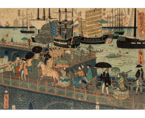 Japan, woodblock print by Utagawa Hiroshige II (1826-1869), The great port of London, ca. 1860 2 parts of an oban tripych, fr