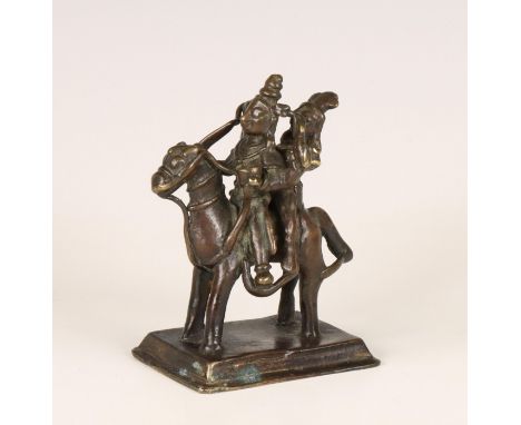 India, bronze sculpture of Khandoba (Shiva) and Mhalsa (Parvati), 19th century or earlier, the deities shown seated on a hors