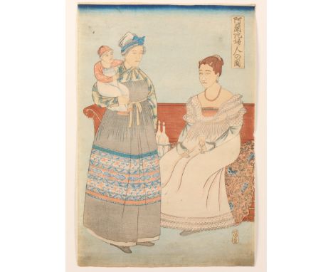 Japan, woodblock print, Nagasaki-e, Misses Cock Blomhoff with her son Johannes and the maid Petronella oban, litt. Van Gullik