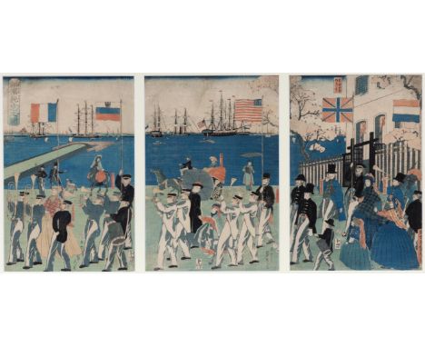 Japan, woodblock print by Utagawa Sadahide (1807-1873), Procession of People of 5 countries, ca. 1860 oban triptych, framed U