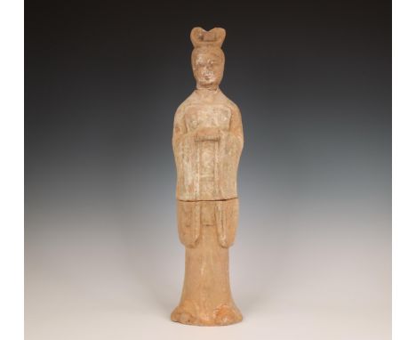 China, pottery model of an official, probably Tang dynasty (618-906), modelled in three parts, the standing figure wearing lo