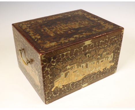 China, export lacquer caddy with pewter liner, 19th century, the box and cover decorated in gilt with various figures in pavi