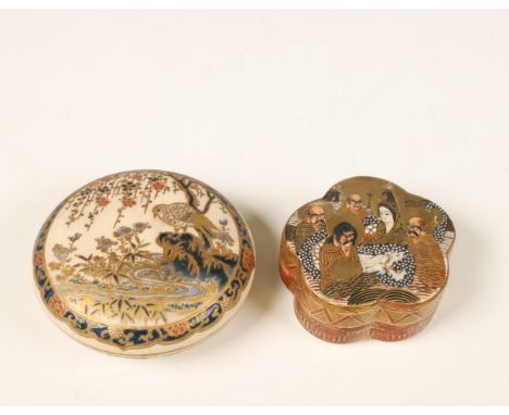Japan, two Satsuma boxes and covers, 19th/ 20th century, one decorated with a bird near a pond, the other with figures, toget