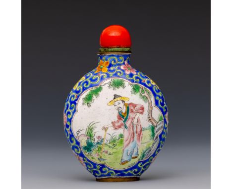 China, a Canton enamel snuff bottle and stopper, 19th century, of flattened shape, on side painted with a panel enclosing a g