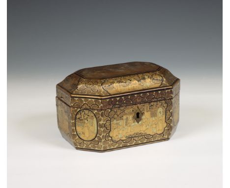 China, an export pewter tea-caddy in lacquer box, 19th century, of octagonal shape, the box decorated in gilt with figures in