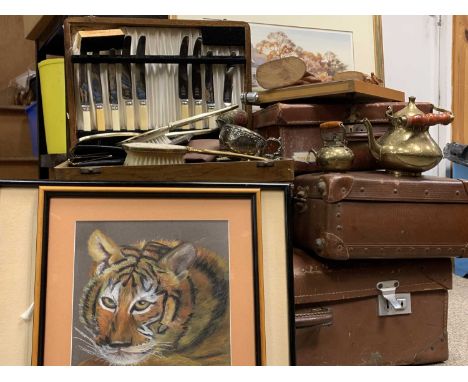 MISCELLANEOUS ASSORTMENT - vintage suitcases, brassware, cased cutlery, prints, books, treen, ETC