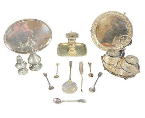 MIXED EPNS &amp; PEWTER including a twin jar preserve stand, two EPNS calling card trays, George period chamber stick and snu