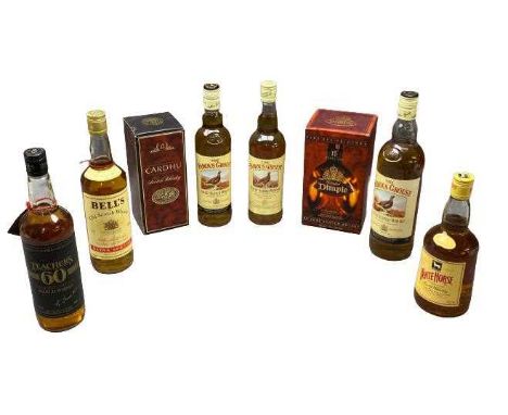 BOTTLED &amp; PRESENTATION BOXED WHISKIES (8) - to include three bottles of Famous Grouse, 1 x White Horse, 1 x Bells, 1 x Te