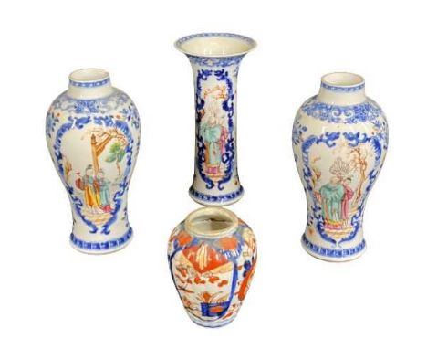 GARNITURE LATE 18TH CENTURY CHINESE EXPORT VASES (3) and a small Japanese Imari vase, the three main vases decorated in blue 