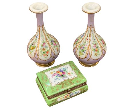 PARIS TYPE PORCELAIN CABINET WARE, 3 ITEMS - a pair of floral and Violet decorated bottle vases, 19.5cms H and a floral green