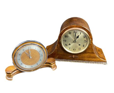 ART DECO MANTEL CLOCK BY 'METAMEC',19cms tall and a mahogany pendulum mantel clock with silver dial