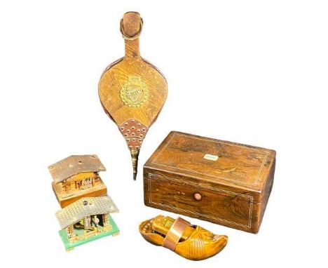 ROSEWOOD WORK BOX - with mother of pearl and inlay detail, 13 x 30 x 20cms, old bellows, musical house model cigarette box, a