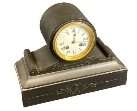 SLATE MANTEL CLOCK - Roman numerals on a painted dial and a brass bezel with scrolled and etched detail, 23 x 30 x 14cms