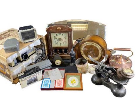 VINTAGE MANTEL CLOCKS (2) and a boxed Prinz Concorde photography projector, also, Prinz slide viewer, a bevelled glass mirror