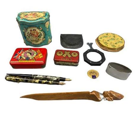 MIXED COLLECTABLES GROUP - to include vintage OXO and other decorative tins, Swan Mabie Todd &amp; Co lever less fountain pen