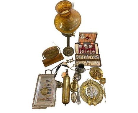 OIL LAMP, brass reeded column with an amber shade, assorted brassware including chestnut roaster, candlestick, and a dinner g