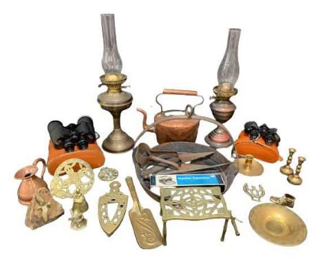 OIL LAMPS - brass based (2), antique copper kettle, other copper, brass and vintage metalware.  Also, two vintage cased pair 