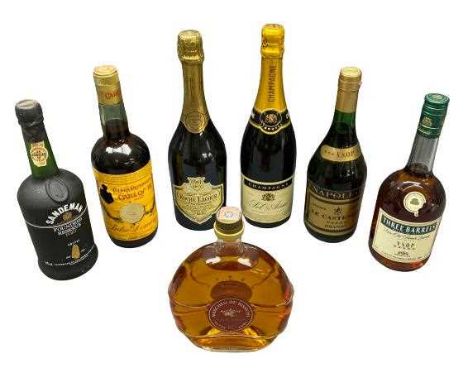 BOTTLED BRANDY &amp; CHAMPAGNE (7) - Napoleon Le Castenier, Pedro Domecq Carlos III Brandy, Three Barrels, Marchesi De Bianch