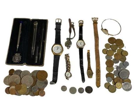 WATCHES - lady's dress watches, gent's Sekonda wristwatch, also, coinage with some silver content, vintage compass set and pr