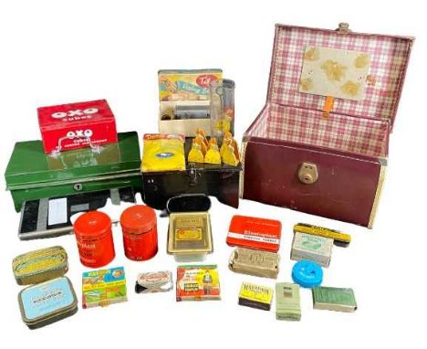 ADVERTISING TINS &amp; BOXES - a mixed collection along with a vintage vanity case, tin strong boxes and other items of inter