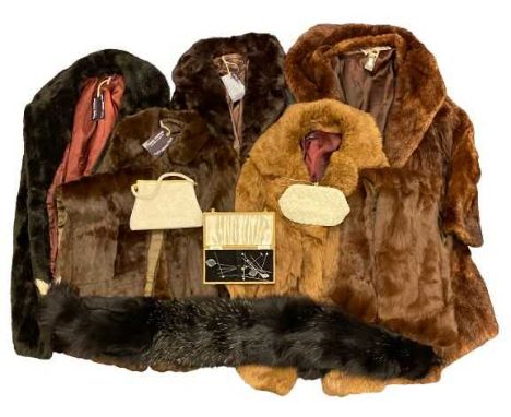 VINTAGE FUR COATS, stoles and beadwork bags, ETC including four waist length jackets, full length coat, full black fox stole 