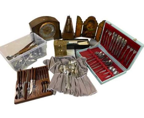 VINTAGE METRONOME, polished mantel clock, carriage clock and a parcel of loose and cased cutlery