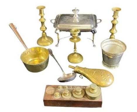 EPNS &amp; MIXED BRASS METALWARE GROUP - to include a Regency style lidded food warmer, brass candlesticks, reproduction shot