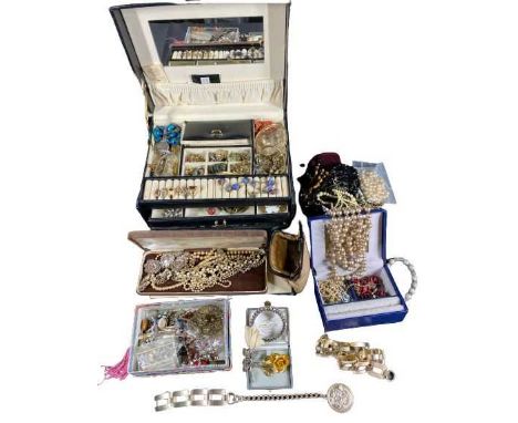 VINTAGE &amp; LATER COSTUME JEWELLERY - in a fitted case and loose to include lady's wristwatches, dress rings, Venetian bead