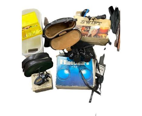 FISHING GEAR - vintage and later, along with two boxed pair of binoculars including a Super Zenith 10 x 50 and a Swift Sarato