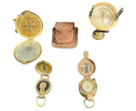 VINTAGE &amp; LATER POCKET &amp; STANDING BRASS COMPASSES (4), the two pocket examples marked 'Stanley London' and 'N V Obser