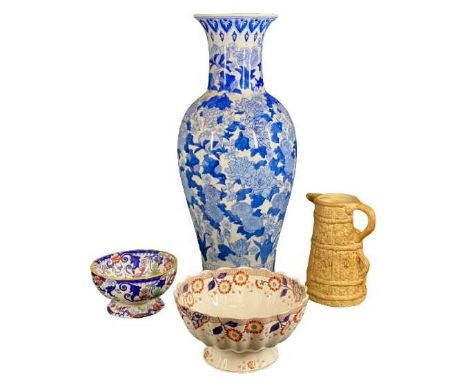 20TH CENTURY CHINESE TALL VASE, 55cms tall, an ironstone pedestal bowl, another similar and a Hillstonia jug, 24cms tall