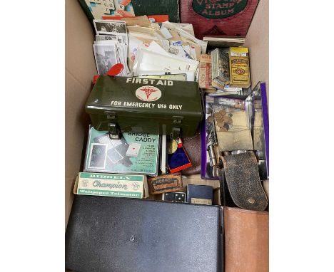 VINTAGE COLLECTION OF ITEMS to include cigarette and playing cards, old photographs, desk top items, US Army First Aid box an