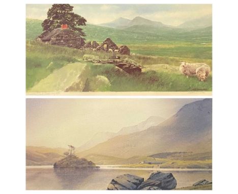 KEITH BOWEN limited edition print 216/850 - Crib Goch, Snowdonia hillside with sheep grazing, signed in pencil, 21 x 40cms an