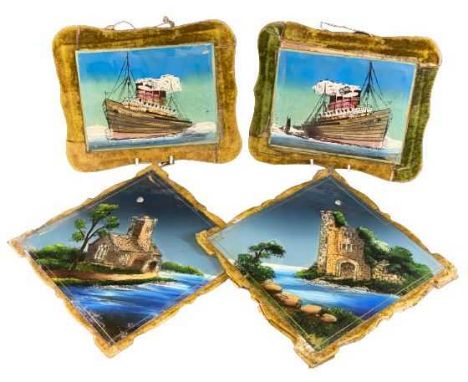 VICTORIAN DECORATIVE GLASS PANELS depicting images of the Mauritania, Lusitania, gilt highlighted and mother of pearl inlaid 