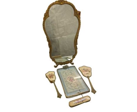 FANCY VINTAGE FRENCH STYLE DRESSING TABLE MIRROR and a three piece dressing table brush and mirror set