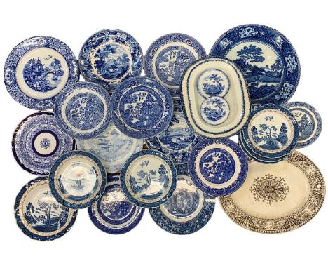 BLUE &amp; WHITE PATTERN and other dinner plates, ETC including early Pearl ware, Wedgwood Fallow Deer pattern, Worcester Roy