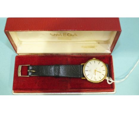 Omega, a gentleman's gold-cased Omega Geneve manual wrist watch with satin dial, baton numerals and centre seconds, with orig