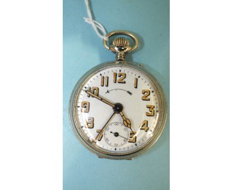 An early-20th century white-metal-cased alarm pocket watch by Thiel, Germany, the white enamel dial with luminous Arabic nume